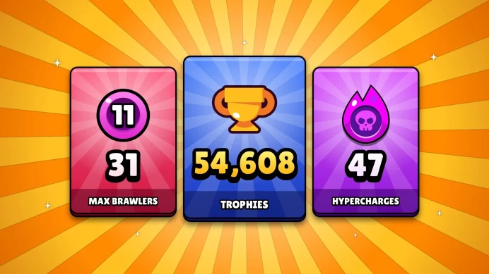 54608 TROPHIES | 31 MAX BRAWLERS | 105 BRAWLERS | 47 HYPERCHARGES | 24 BUFFIES | LEGENDARY RANK | iOS/Android | 309 SKINS | BS0272