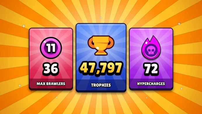 47797 TROPHIES | 36 MAX BRAWLERS | 102 BRAWLERS | 72 HYPERCHARGES | 19 BUFFIES | MYTHIC RANK | iOS/Android | 327 SKINS | BS0274