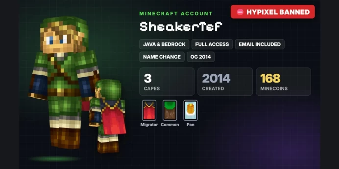 ✨ OG 2014 ✅ 3 Capes: Migrator, Common, Pan ✅ Java & Bedrock & Full Access ⛔ Hypixel Banned