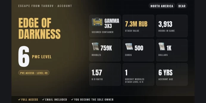 EOD | NA ✨ LVL 6 ✅ Gamma 3x3 ⚡ PvE LVL 49 ⭐ 3913h ✨ Stash 7.3M RUB ✅ 759K RUB + 500 EUR + 1K USD ⚡ Full Access