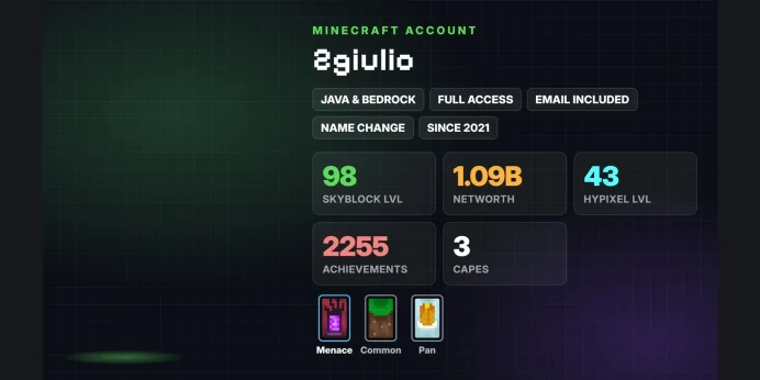 ⚡ SkyBlock Lvl 98 ⭐ 1.09B Networth ✨ 3 Capes: Menace, Common, Pan ✅ Java & Bedrock & Full Access