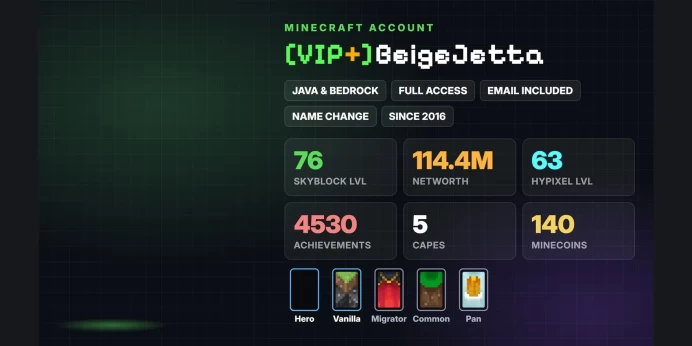 ⭐ [VIP+] ✨ SkyBlock Lvl 76 ✅ 114.4M Networth ⚡ 5 Capes: Hero, Vanilla, Migrator, Common, Pan ✅ Java & Bedrock & Full Access