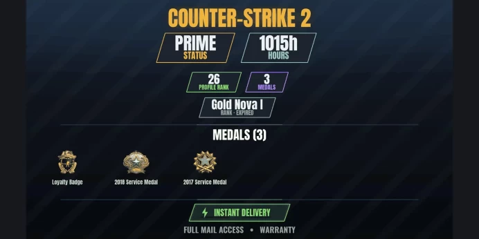【2 Games】【CS2 Prime Premier✅1015h⚡3 MEDALS⭐26 LVL】 2017 Service Medal, 2018 Service Medal, Loyalty Badge