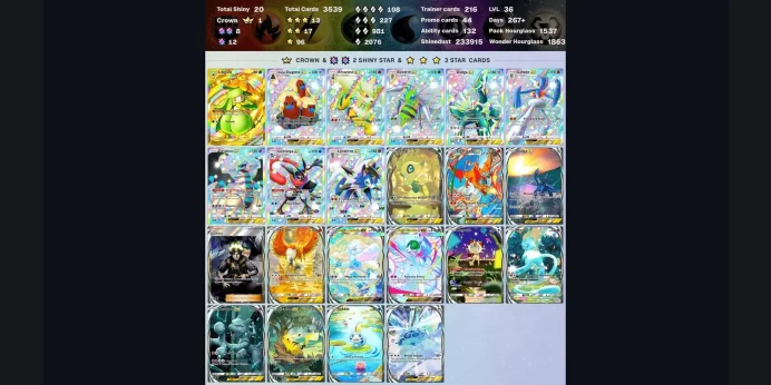 ⚡ 4870 ENG cards ⏳ Pack Hourglass 2569 ⭐ 3 Crown (Lilligant, Meloetta, Raichu) ✨ Total Shiny 35 ✨ 3*(AR+) 16 ✅ Poke Gold 48
