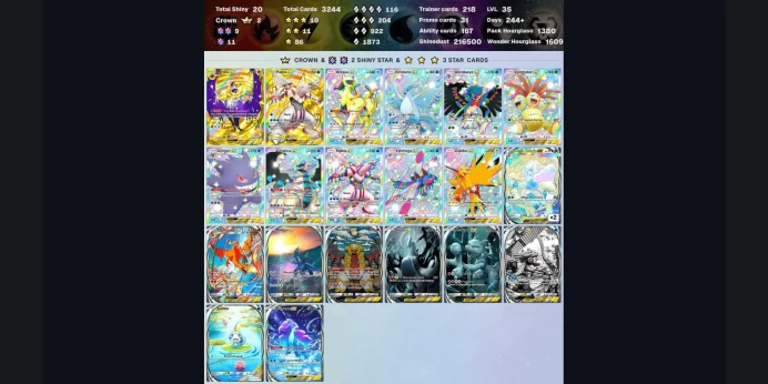 ⭐ 4604 ENG cards ⏳ Pack Hourglass 2472 ✨ 2 Crown (Palkia ex, Lunala ex) ✨ Total Shiny 33 ✅ 3*(AR+) 15 ⚡ Poke Gold 47 ⏳ Wonder Hourglass 3145