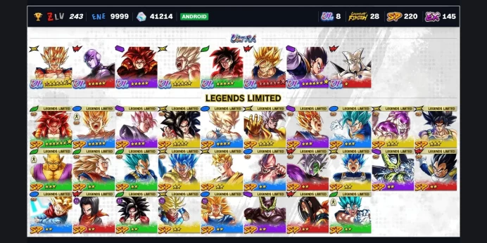 ✨ 53362 Chrono Crystals ✅ 8 UL ⭐ 30 LL ✨ 225 SP ⚡ UL 8* Super Vegito ⭐ UL SS4 Gogeta ✨ UL Super Full Power Saiyan 4 Goku ✅ UL Hit ⚡ ANDROID only