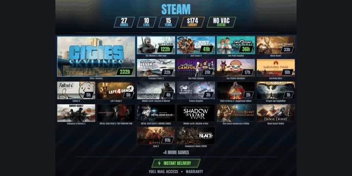 【27 Games✨$173】 Fallout 4, The Witcher 3: Wild Hunt, Cities: Skylines, Just Cause 3, Two Point Hospital, Black Desert, Transport Fever 2
