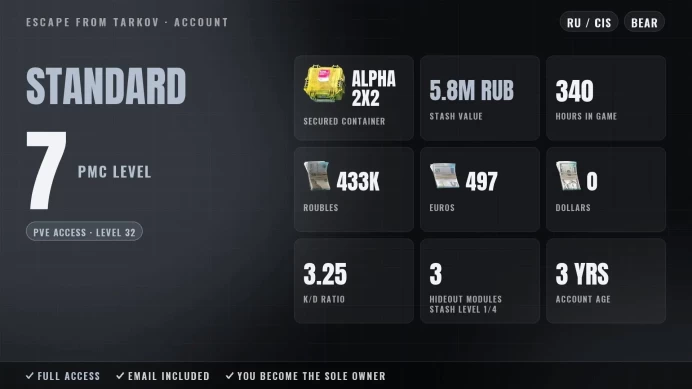 Escape from Tarkov | Standard Edition | PvE Level 32 | Alpha Container | 340 Hours | RU/CIS