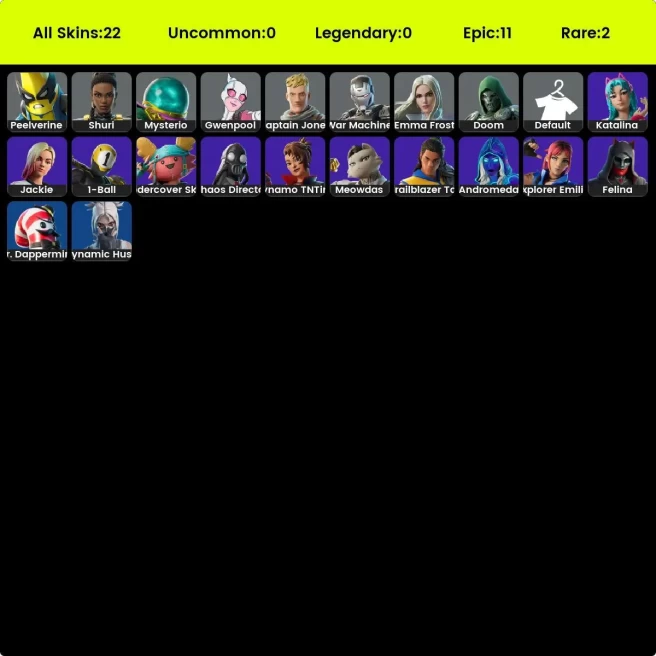 [PC] 21 skins | Katalina | Andromeda | Doom | Peelverine | War Machine | Shuri | Captain Jones | Gwenpool | Mysterio | Emma Frost | 1050 VB