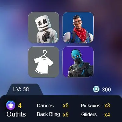 [PC] 3 skins | Prodigy | Marshmello | Cobalt | Tabulator | Arroyo Pack | Reinforced Backplate | Trail Tote | Clawz Retro| Marshy Smasher| 300 VB