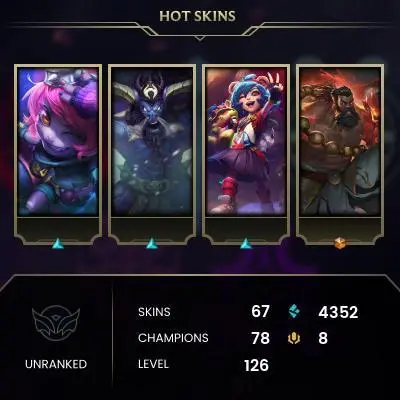 EUW/67 SKIN/60 CHAMPION SHARD/10 SKINSHARD/82 EMOTE/UNRANKED/FRESH MMR/FULL ACCESS/