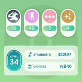lvl34.have 72 Legendary,Shiny Mewtwo Groudon Kyogre,have 100 IV Giratina,many nice high CP pokemons N8622