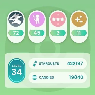 lvl34.have 72 Legendary,Shiny Mewtwo Groudon Kyogre,have 100 IV Giratina,many nice high CP pokemons  N8622