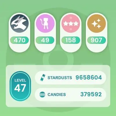Level 47, 16 Legend IV 100, 4444 Pokemon, 907 Shiny, 470 Legend, 158 IV 100, 26 Shiny Legend, 41 Shadow Legend
