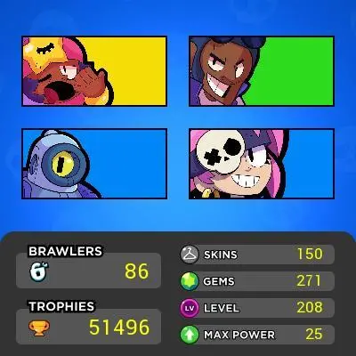 86 BS / 51K Trophies / 25 Max Power / 17 HyperCharge / 150 Skins / 271 Gems