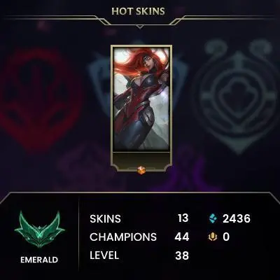 EMERALD 2 47 LP/60% WR/13 SKIN/GUN GODDESS MISS FORTUNE/MASQUE OF THE BLACK ROSE SKINS/FULL ACCESS/