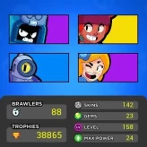 88 brawlers/ 38845 cups/ 16 hypercharge/ 24 level 11/ 142 skins
