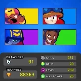 87227 TROPHIES-HEROINE BIBI-WHITE LEON WOLF-ALL BRAWLERS-77 MAX RANKS-257 BEST SKINS-DEMON MORTIS-5 HYPER+6LEGENDARY-7MYTHIC+80 EPIC-25MAX POWER