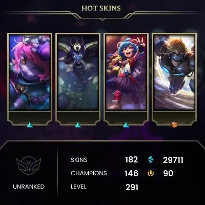 EUW SERVER/178 SKIN+160 LOOT SKINSHARD/7 MYTICH/4 ULTIMATE/204 ICON/30K B.E/12K O.E/UNRANKED/FULL ACCESS/