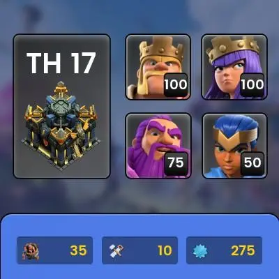 Th 17 max level 275 Hero max map max HeRO Equipment perfect Star war : 3996 Trophies 11000