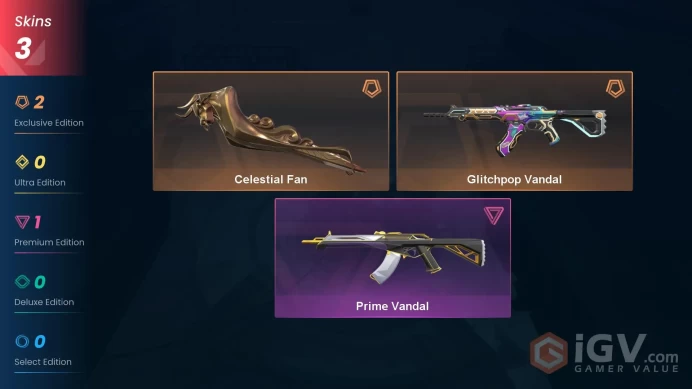 EU | 3 Skins | Celestial Fan | Glitchpop Vandal | Prime Vandal | Inventory cost: 7500 VP | Full Access | Instant Delivery | V007