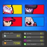 B6【 44/92 BRAWLERS 】7 MAX POWER▰4 HYPERCHARGED▰7.2K TROPHIES▰57 SKINS▰69 ICONS▰31 PINS▰NC 90 GEMS