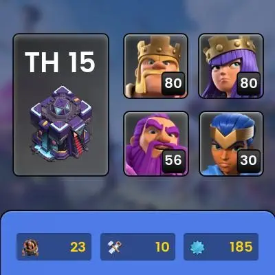 town hall 15 level 183 hero 80.80.55.30 1400 gems 220 medals 1 map skin 6 epic ability