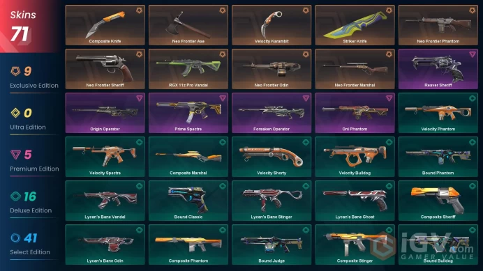 [ASIA] Email | 25k VP Spent | 71 Skins | Neo Frontier Bundle | 4 Knives | RGX 11z Pro Vandal | Reaver Sheriff | Oni / Forsaken / Origin
