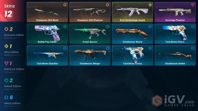 EU | 12 Skins | Evori Dreamwings Vandal | Champions 2024 Blade | 2024 Phantom | Inventory cost: 12275 VP | Full Access | Instant Delivery V041
