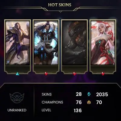 LA1 /■/ 28 SKINS 76 CHAMPIONS /■/  RANKED READY /■/ 136 LVL /■/ NO BANS /■/ VERIFED MAIL ■ #22