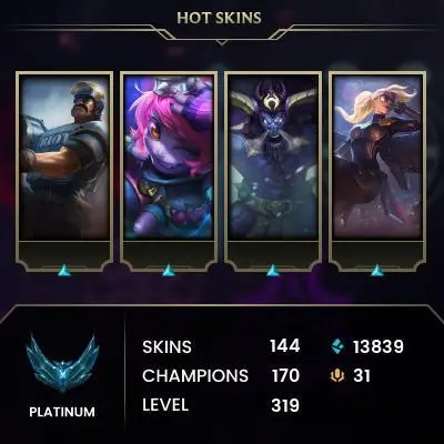 TR RARE SKINS /■/ PLATINUM IV /■/ 142 SKINS 170 CHAMPIONS /■/ 319 LVL /■/  Pajama Guardian Soraka | PROJECT: Jinx  | PROJECT: Vayne /■/ #22