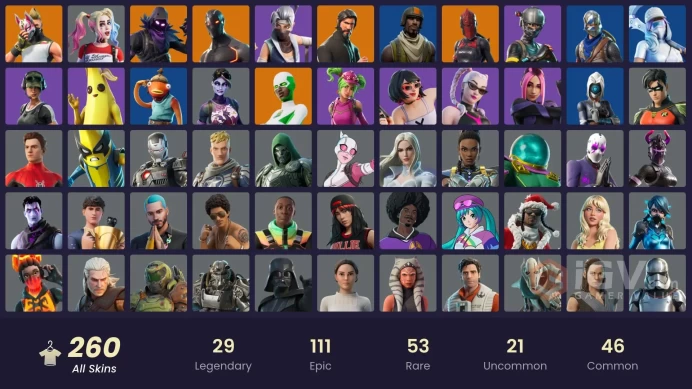 (PC) 0 VB) 260 SKINS / THE REAPER / BLUE SQUIRE / ROYALE KNIGHT / ELITE AGENT / MERRY MINT AXE / TAKE THE L / AERIAL ASSAULT TROOPER /