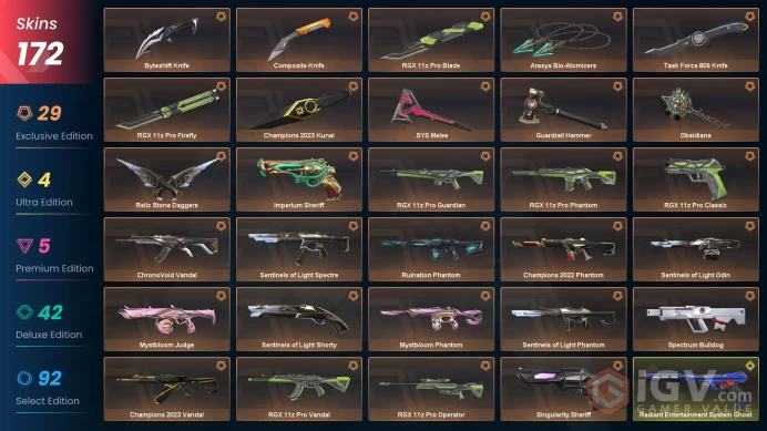 EU | 172 Skins | Champions 2023 Kunai | Araxys Bio-Atomizers | Phaseguard Vandal | Phaseguard Ghost | Champions 2022 Phantom | Champions 2023 Va