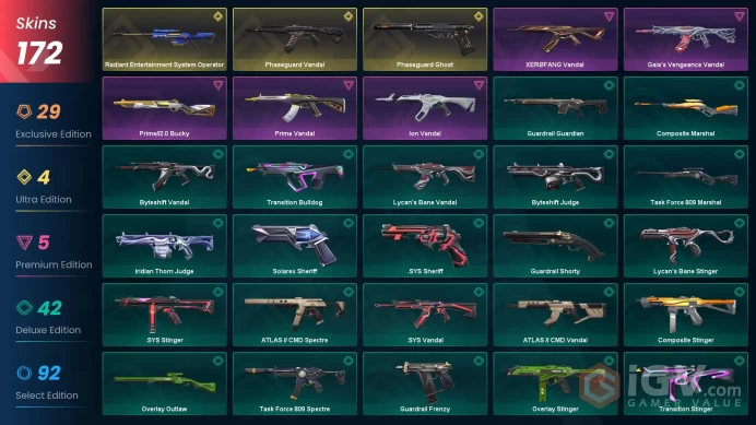 EU | 172 Skins | Champions 2023 Kunai | Araxys Bio-Atomizers | Phaseguard Vandal | Phaseguard Ghost | Champions 2022 Phantom | Champions 2023 Va