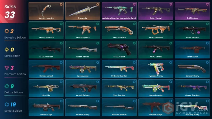 EU | 33 skins | Prosperity | Origin Vandal | Oni Phantom | Gravitational Uranium Neuroblaster Spectre | Velocity Karambit | FULL ACCESS