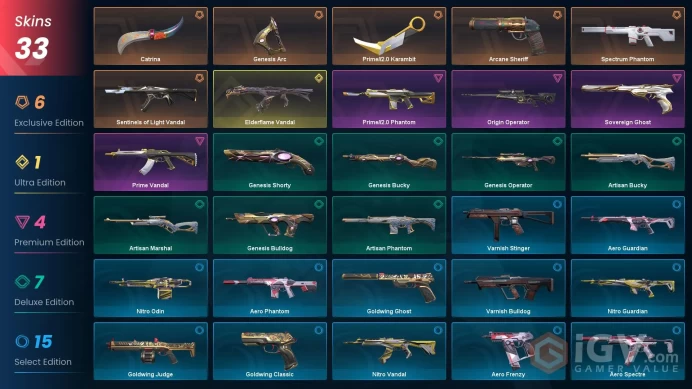 33 Skins | Arcane Sheriff | Prime//2.0 Karambit | Spectrum Phantom | Catrina | Elderflame Vandal | Sentinels of Light Vandal | Origin Opera