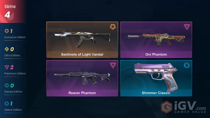 EU-TUR | 4 Skins | Sentinels of Light Vandal | Oni Phantom | Reaver Phantom | Shimmer Classic | FULL ACCESS