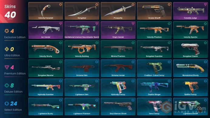 40 Skins | Arcane Sheriff | Prosperity | Ion Vandal | Origin Vandal | Gravitational Uranium Neuroblaster Spectre | Celestial Judge | Minima