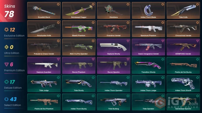 EU | 78 Skins | Xenohunter Knife | Spectrum Phantom | Snowfall Wand | BlastX Phantom | Prelude to Chaos Vandal | RGX 11z Pro Operator | ChronoVo
