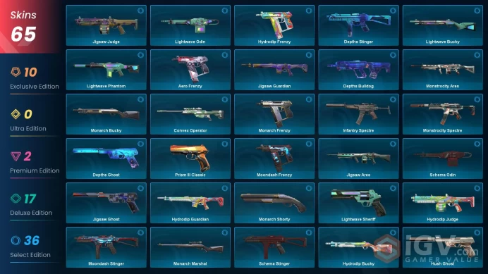 EU | 65 Skins | Arcane Sheriff | RGX 11z Pro Firefly | Singularity Phantom | Glitchpop Vandal | Sentinels of Light Vandal | Prime Axe | Prime Cl