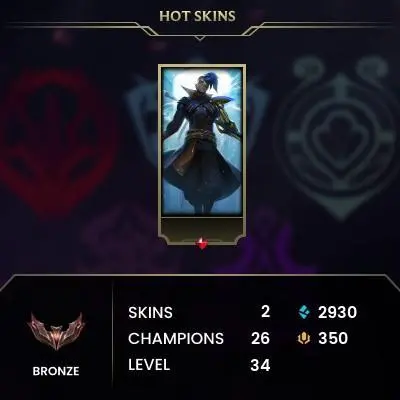 EUNE / Season 15 Split Bronze I (0 LP) BLUE ESSENCE: 2930 / RP: 350 / CHAMPS: 26 / SKINS: 2 / HANDLEVELED / 0% BAN CHANCE
