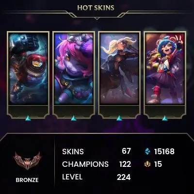 LAS | BRONZE IV | 66  SKINS + 151K BLUE ESSENCE | Riot Kayle | Riot Blitzcrank | Dark Cosmic Lux | 224 LVL