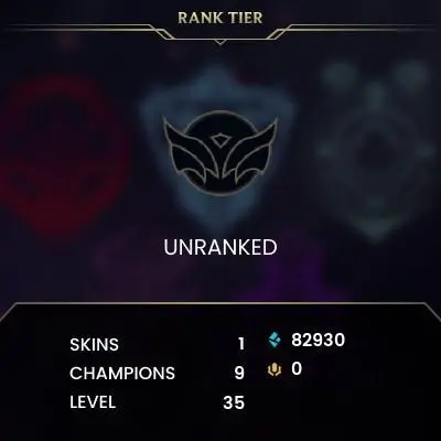 NA / Season 15 Split Unranked BLUE ESSENCE: 82930 / FULL ACCESS / CHAMPS: 9 / SKINS: 1 / HANDLEVELED / 0% BAN CHANCE