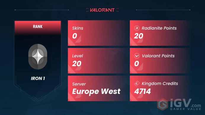 Valorant EU / RANK IRON 1 / 1 AGENTS UNLOCKABLE / ACT 4 EPISODE 10 / UNVERIFIED / Instant Delivery