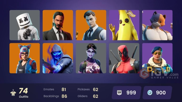 [PC/PSN/XBOX] 74 skins | Gold Midas | Gold Brutus | Royale Bomber | Cloud Striker | John Wick | Point Patroller | 900 VB J0406