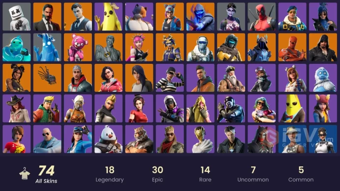 [PC/PSN/XBOX] 74 skins | Gold Midas | Gold Brutus | Royale Bomber | Cloud Striker | John Wick | Point Patroller | 900 VB J0406