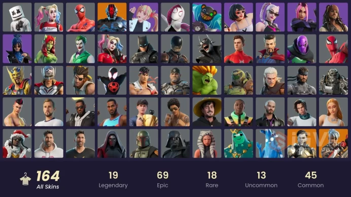 [PC/PSN/XBOX] -164 Skins  ≈ 72,500 V-Bucks-Xander-DRAGON BAllS-Kylo Ren-Eleven-Ice Spice-Marshmello-Spider-Man Zero-Khaby Lame-Ryu-Harley Quinn-