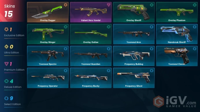 Eu-Europe | Valiant Hero Vandal | Overlay Dagger | Overlay Phantom | 15 Skins | Level 52 | Rank Ready | Full Access