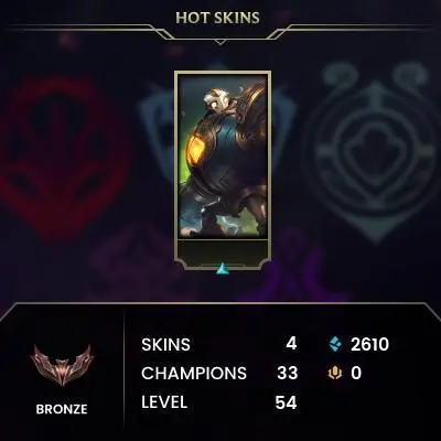 S15 Bronze I (0 LP) / NA / BE: 2610 / RP: 0 / CHAMPS: 33 / SKINS: 4 / HANDLEVELED / FULL ACCESS / NO SCAM