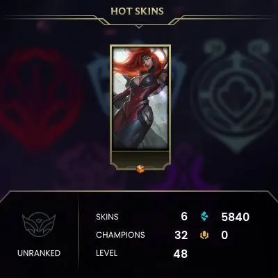 Unranked / NA / BE: 5840 / RP: 0 / CHAMPS: 32 / SKINS: 6 / HANDLEVELED / FULL ACCESS / NO SCAM